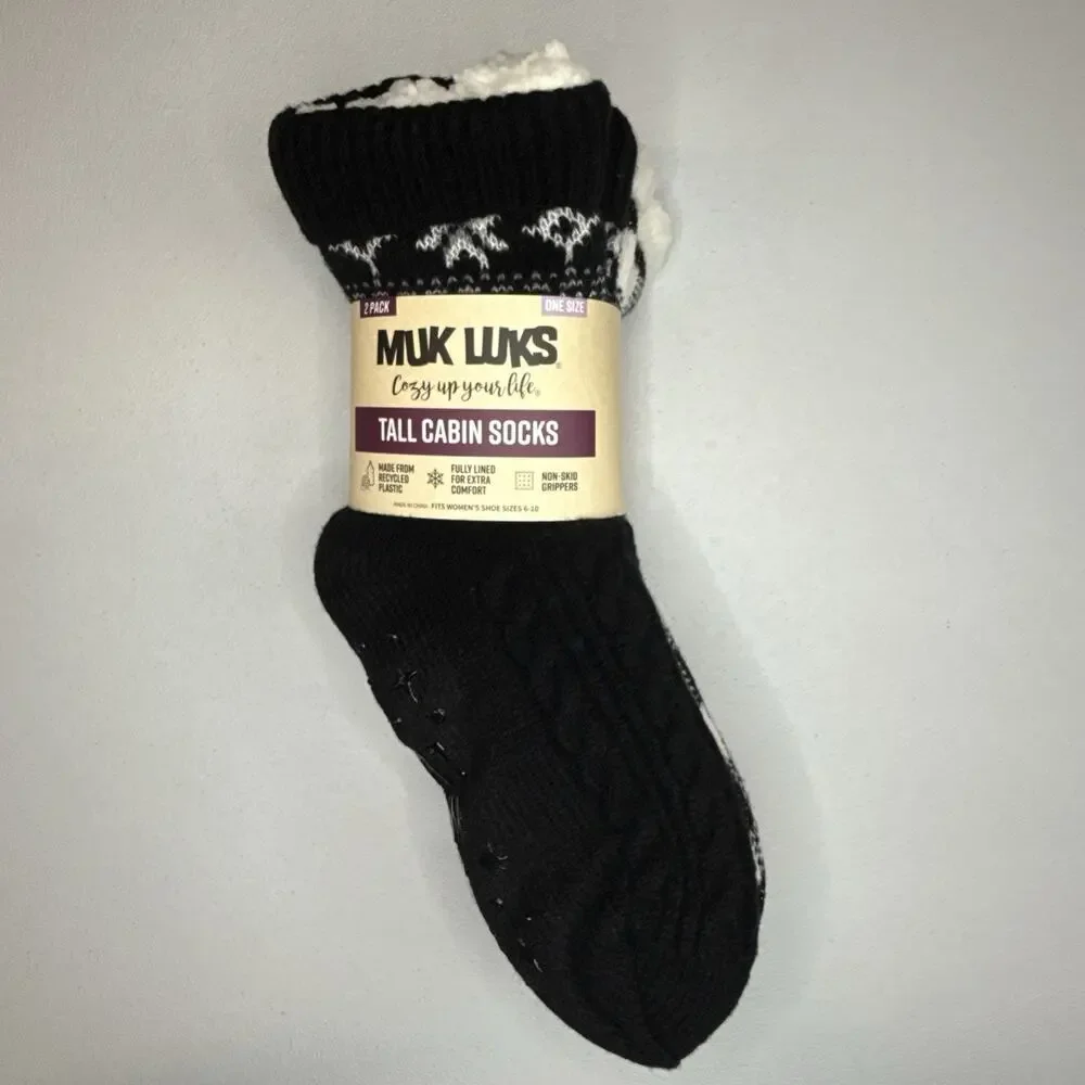 Muk Luke 2 Pack Women’s Slouch Cabin Socks Black Snowflake One Size Fits Most
